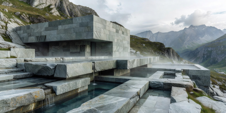 Valser quartzite rock indoor and outdoor mineral baths Switzerland
