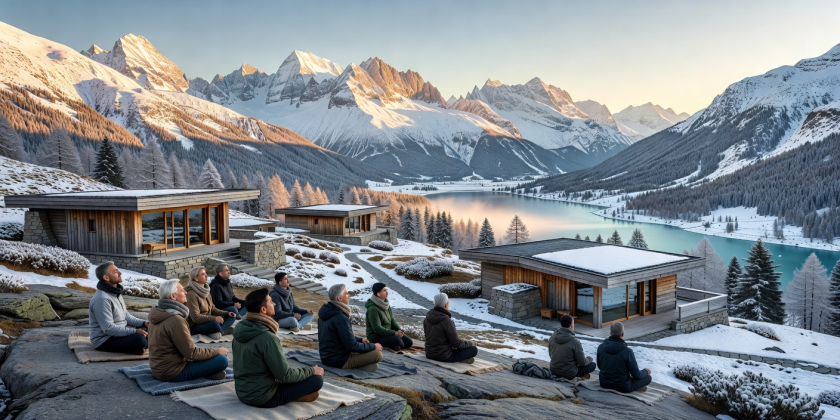 Panoramic view of the Engadin Swiss Alps silent mindfulness sanctuary